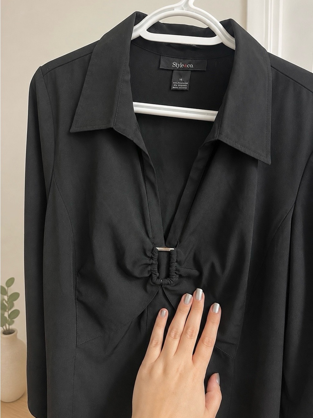 Style & Co. Black Gathered Front Blouse Side Zipper